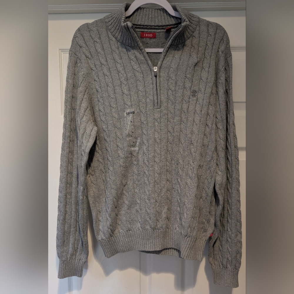 NEW! Izod Men's Light Gray 100% Cotton 1/4 Quarter Zip Sweater Size Medium NWT